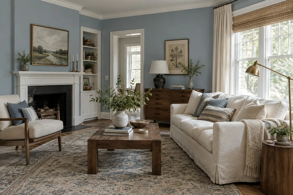Sitting room with muted blue walls, warm wood and cream upholstery